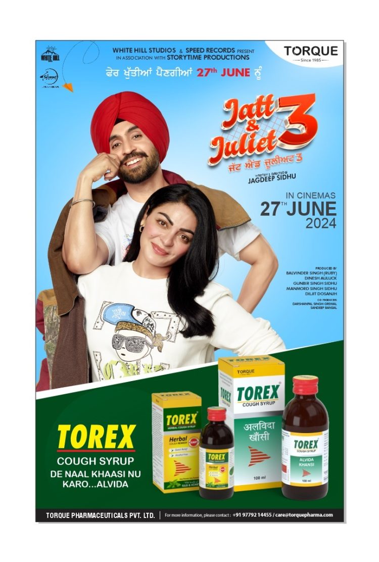 "Exciting Collaboration: Torex Cough Syrup and Jatt and Juliet 3 Unveil New Ad Film with Diljit Dosanjh and Neeru Bajwa"